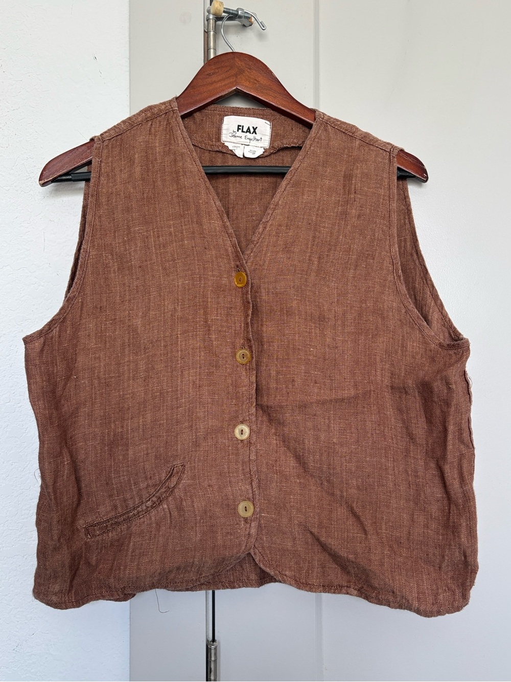 FLAX BROWN BUTTON LINEN VEST WOMENS MEDIUM